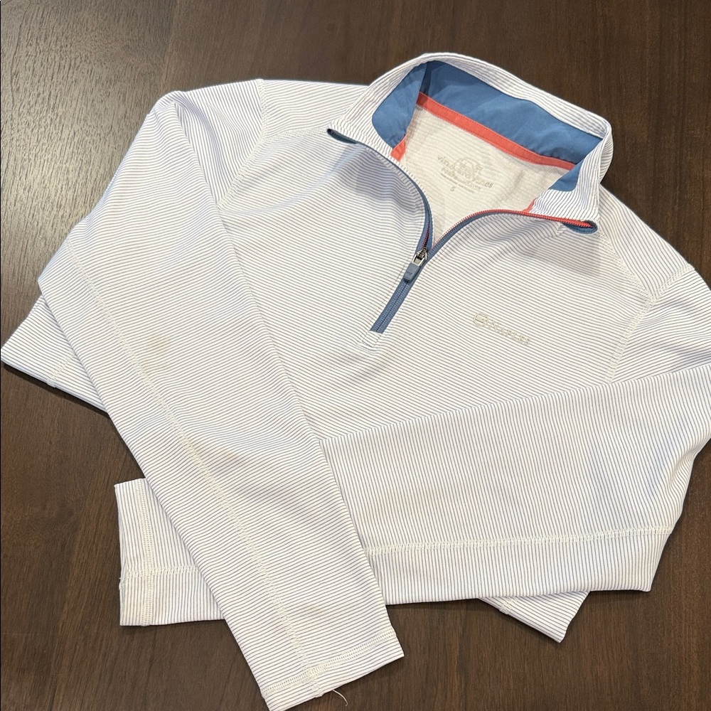 Vineyard Vines White Striped Quarter-Zip Pullover with Blue Trim